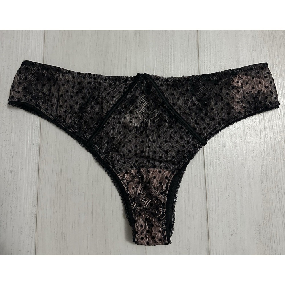 NWT Victoria's Secret Dream Angels Tanga Sz L Mesh Polka Dot Floral Black